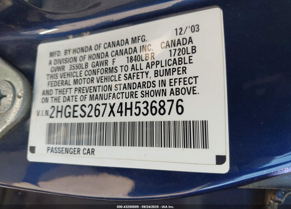 2004 HONDA CIVIC EX VIN: 2HGES267X4H536876