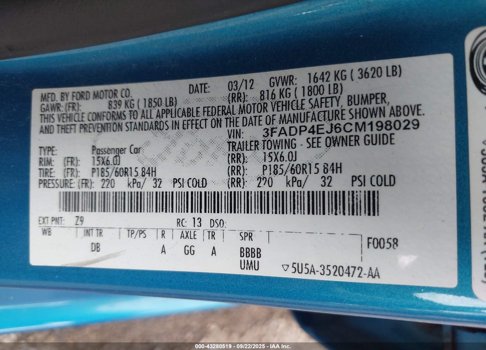 2012 FORD FIESTA VIN: 3FADP4EJ6CM198029