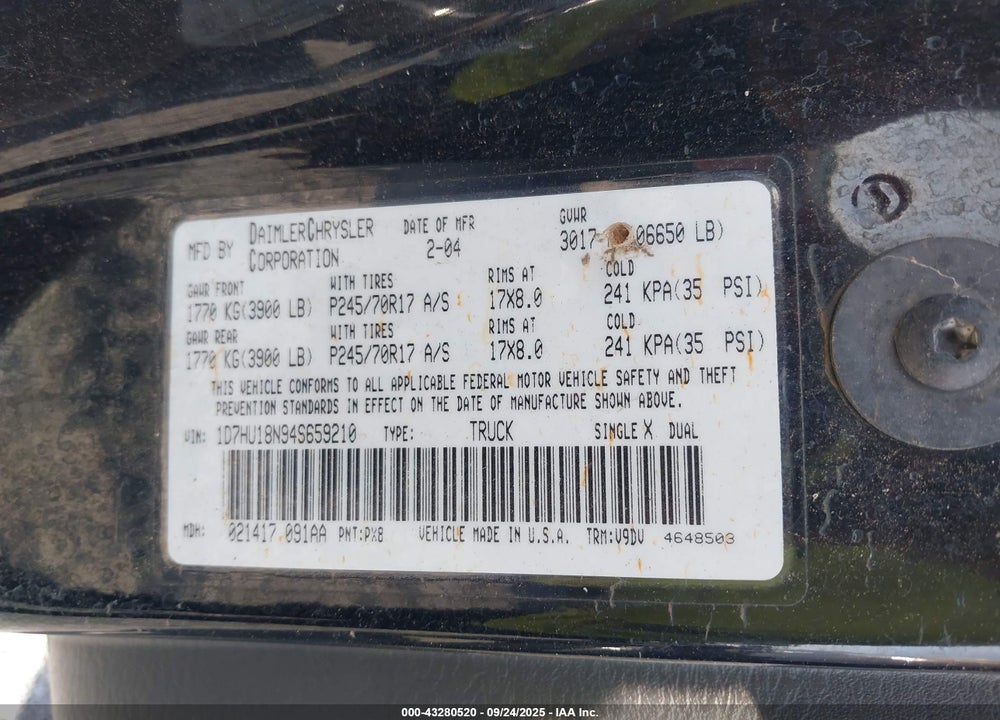 2004 DODGE RAM 1500 SLT/LARAMIE VIN: 1D7HU18N94S659210