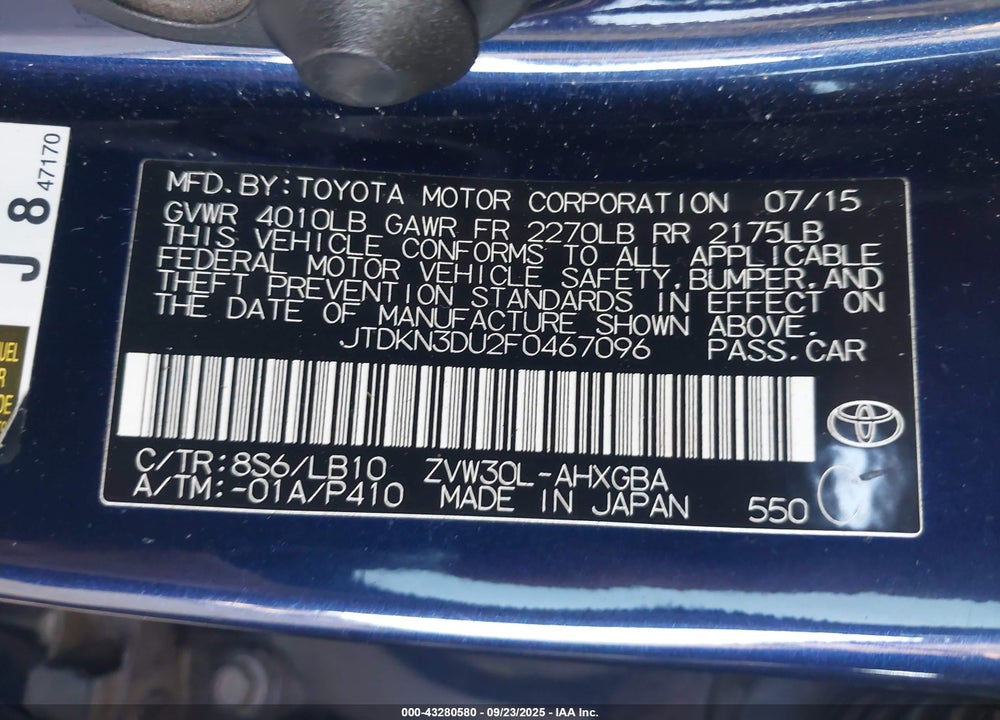 2015 TOYOTA PRIUS VIN: JTDKN3DU2F0467096