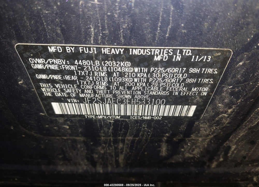 2014 SUBARU FORESTER VIN: JF2SJAEC3EH533100