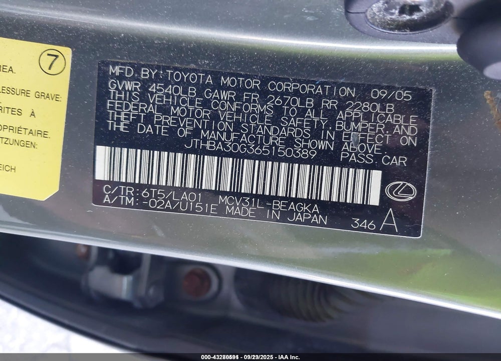 2006 LEXUS ES 330 VIN: JTHBA30G365150389