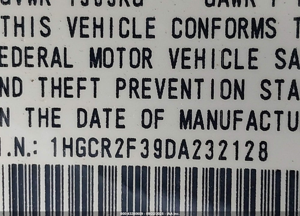 2013 HONDA ACCORD LX VIN: 1HGCR2F39DA232128