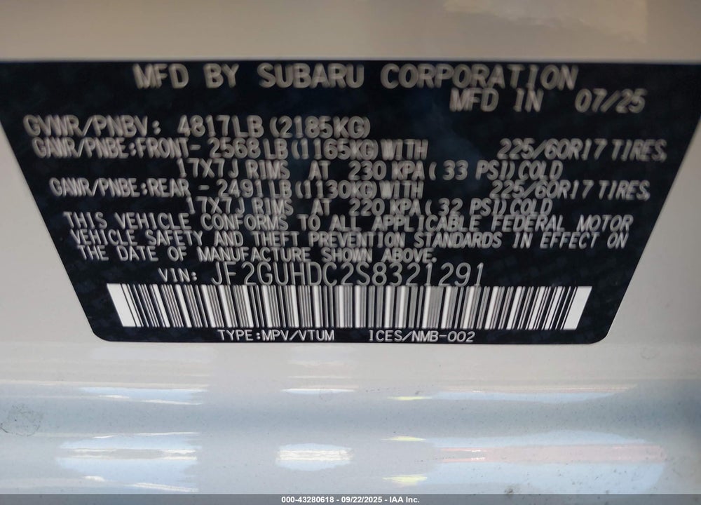 2025 SUBARU CROSSTREK VIN: JF2GUHDC2S8321291