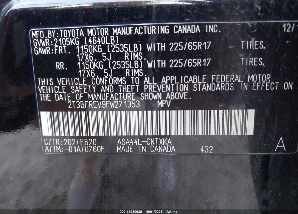 2015 TOYOTA RAV4 VIN: 2T3BFREV9FW271353