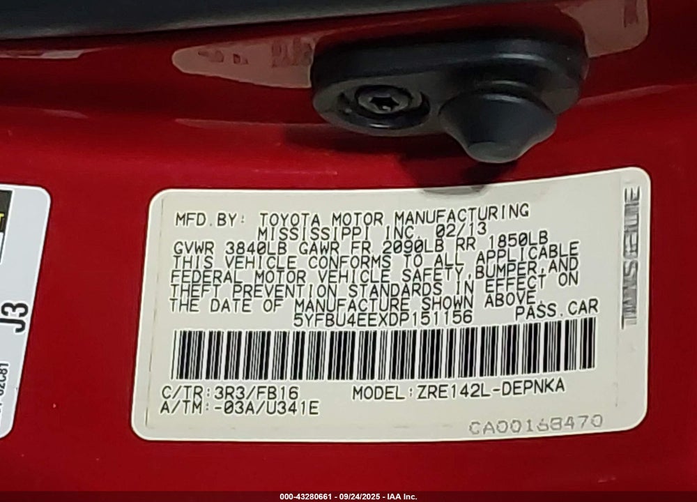2013 TOYOTA COROLLA LE VIN: 5YFBU4EEXDP151156