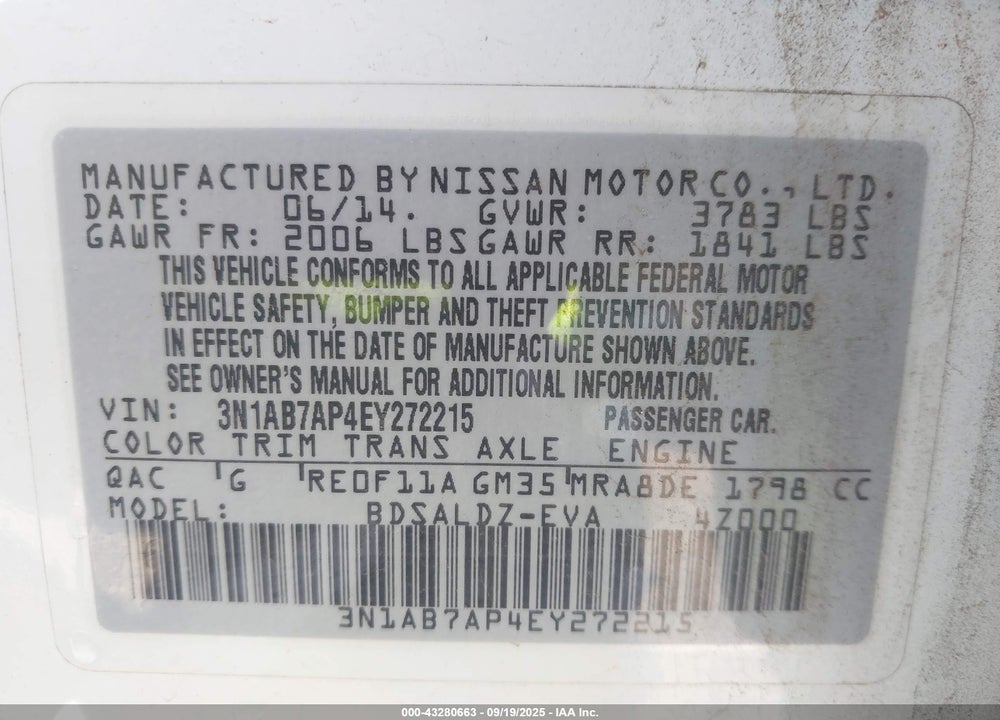 2014 NISSAN SENTRA SV VIN: 3N1AB7AP4EY272215