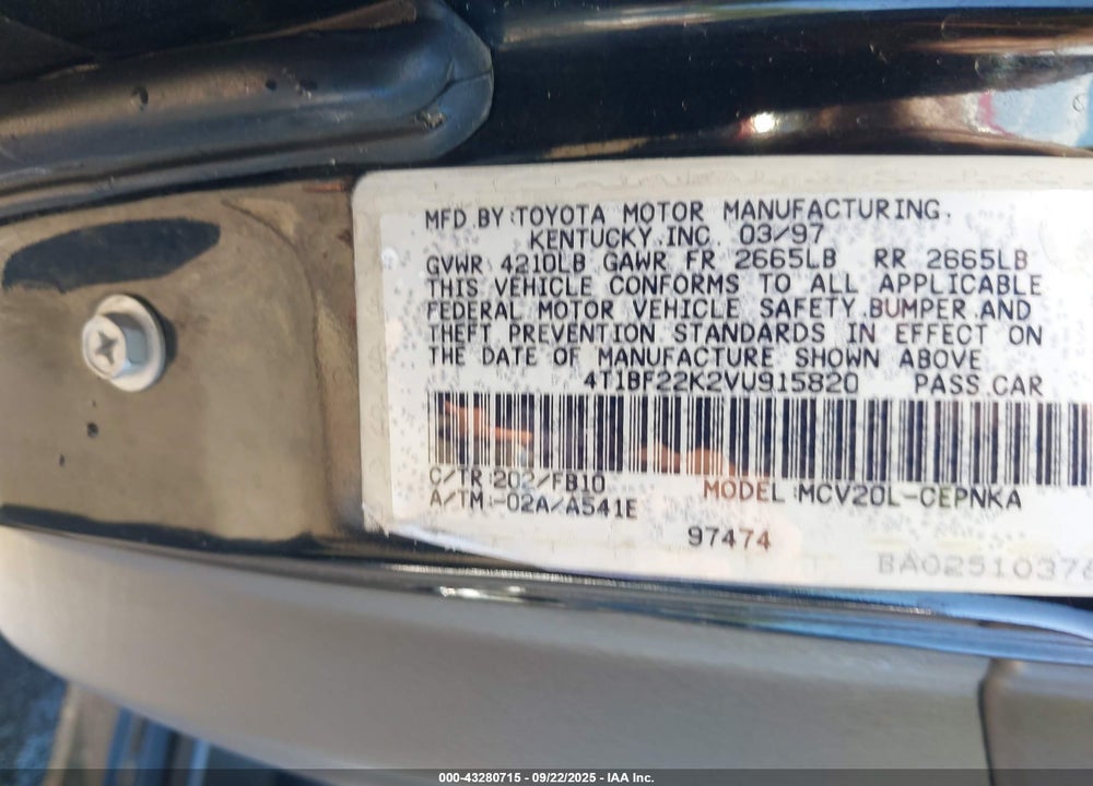 1997 TOYOTA CAMRY LE V6 VIN: 4T1BF22K2VU915820