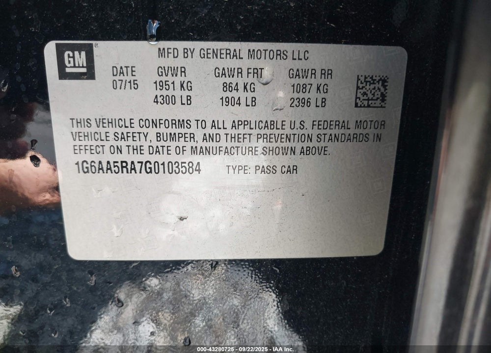 2016 CADILLAC ATS STANDARD VIN: 1G6AA5RA7G0103584