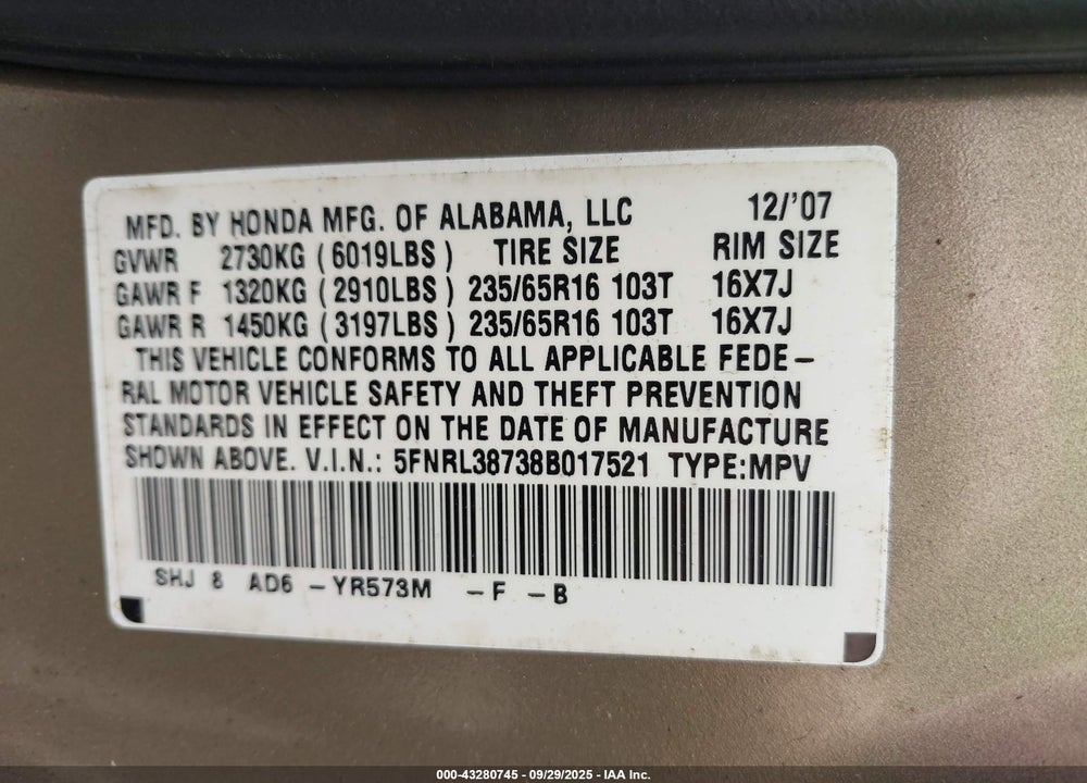 2008 HONDA ODYSSEY EX-L VIN: 5FNRL38738B017521