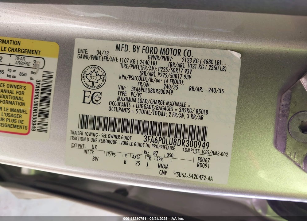 2013 FORD FUSION VIN: 3FA6P0LU8DR300949