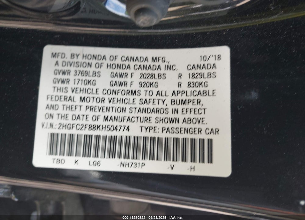 2019 HONDA CIVIC VIN: 2HGFC2F88KH504774