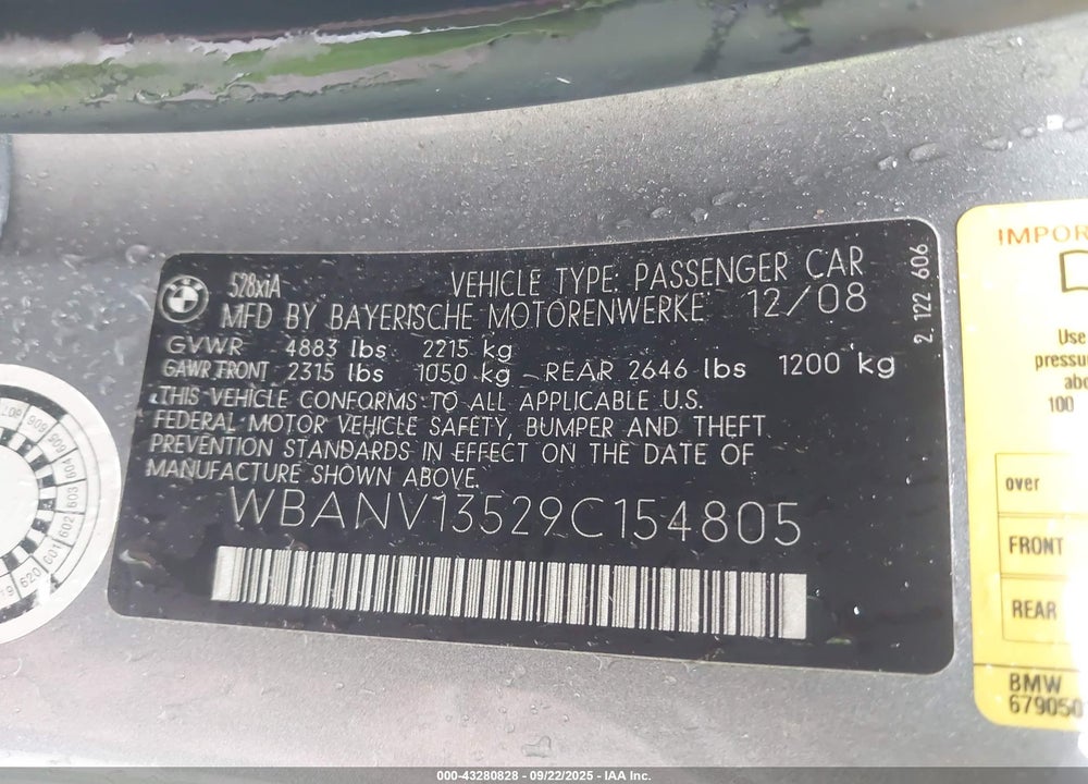 2009 BMW 5 SERIES VIN: WBANV13529C154805