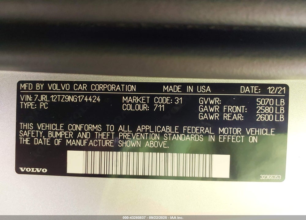 2022 VOLVO S60 VIN: 7JRL12TZ9NG174424