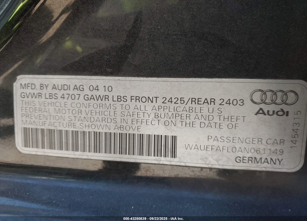 2010 AUDI A4 VIN: WAUEFAFL0AN061149