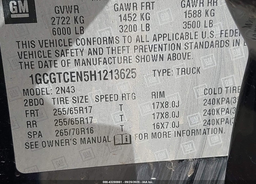 2017 CHEVROLET COLORADO VIN: 1GCGTCEN5H1213625
