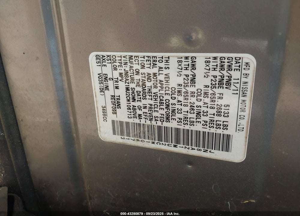 2012 NISSAN MURANO VIN: JN8AZ1MU2CW106713