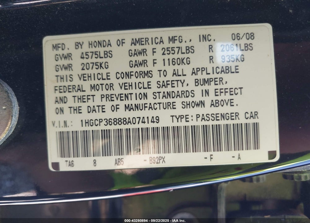 2008 HONDA ACCORD VIN: 1HGCP36888A074149