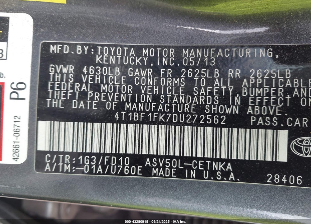 2013 TOYOTA CAMRY LE VIN: 4T1BF1FK7DU272562