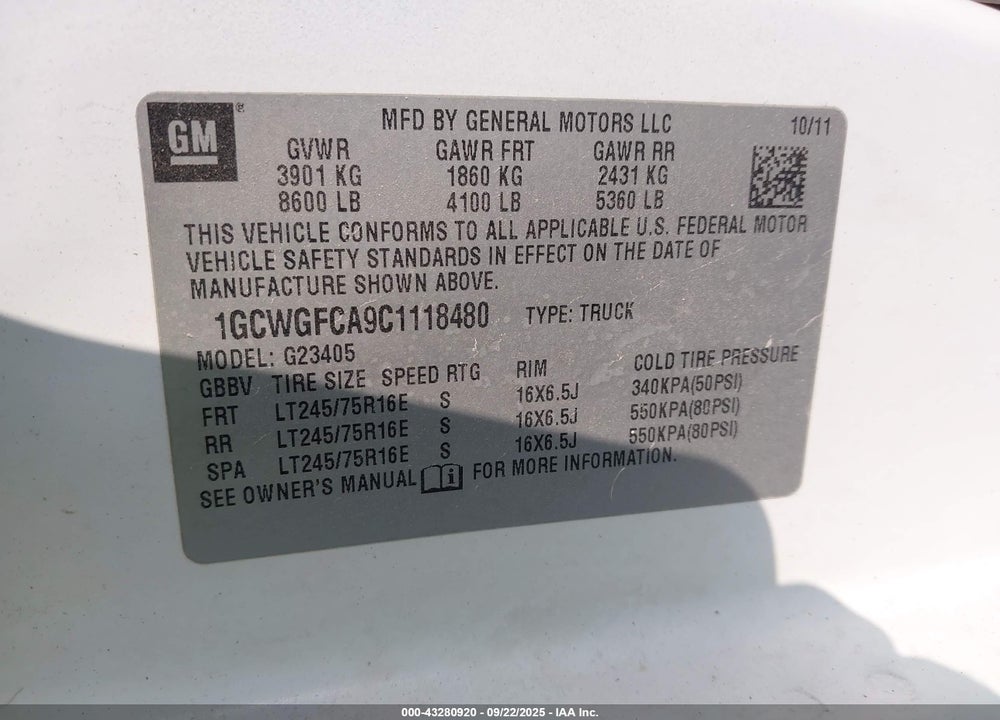 2012 CHEVROLET EXPRESS 2500 VIN: 1GCWGFCA9C1118480