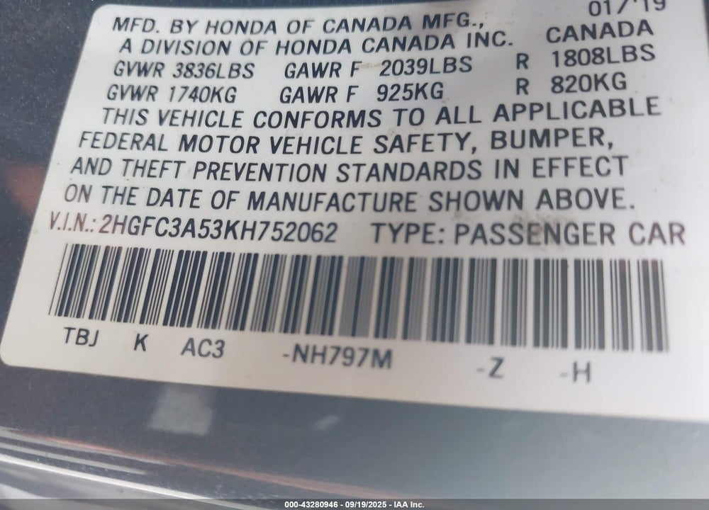 2019 HONDA CIVIC SI VIN: 2HGFC3A53KH752062
