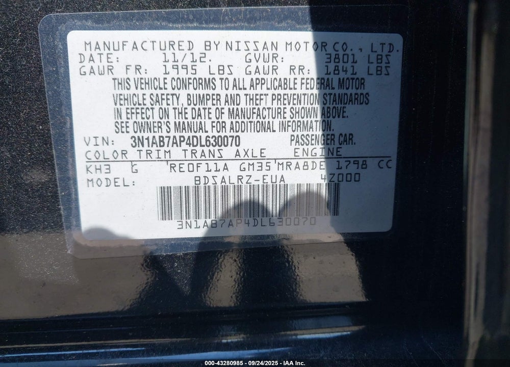 2013 NISSAN SENTRA SR VIN: 3N1AB7AP4DL630070