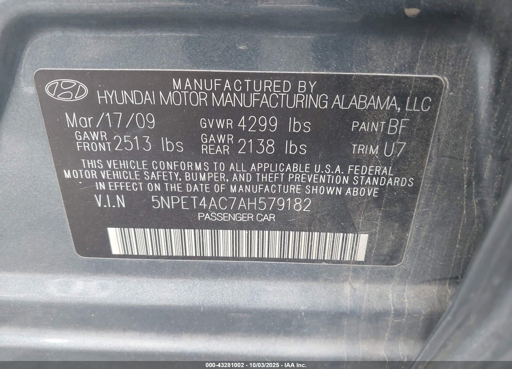 2010 HYUNDAI SONATA GLS VIN: 5NPET4AC7AH579182