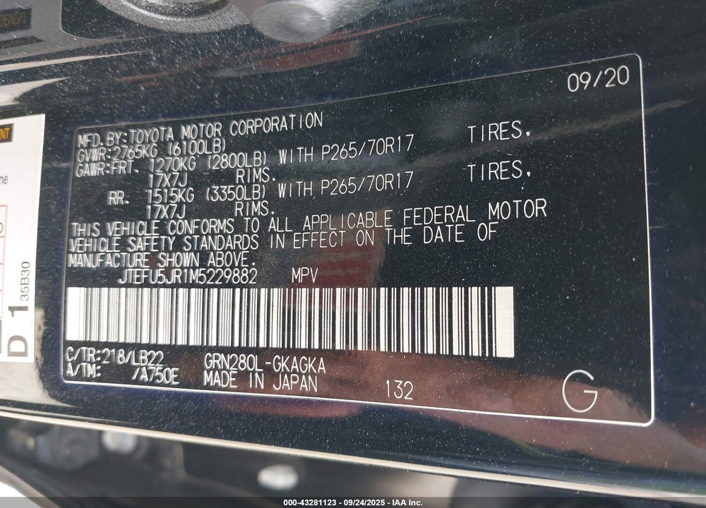 2021 TOYOTA 4RUNNER SR5 PREMIUM VIN: JTEFU5JR1M5229882