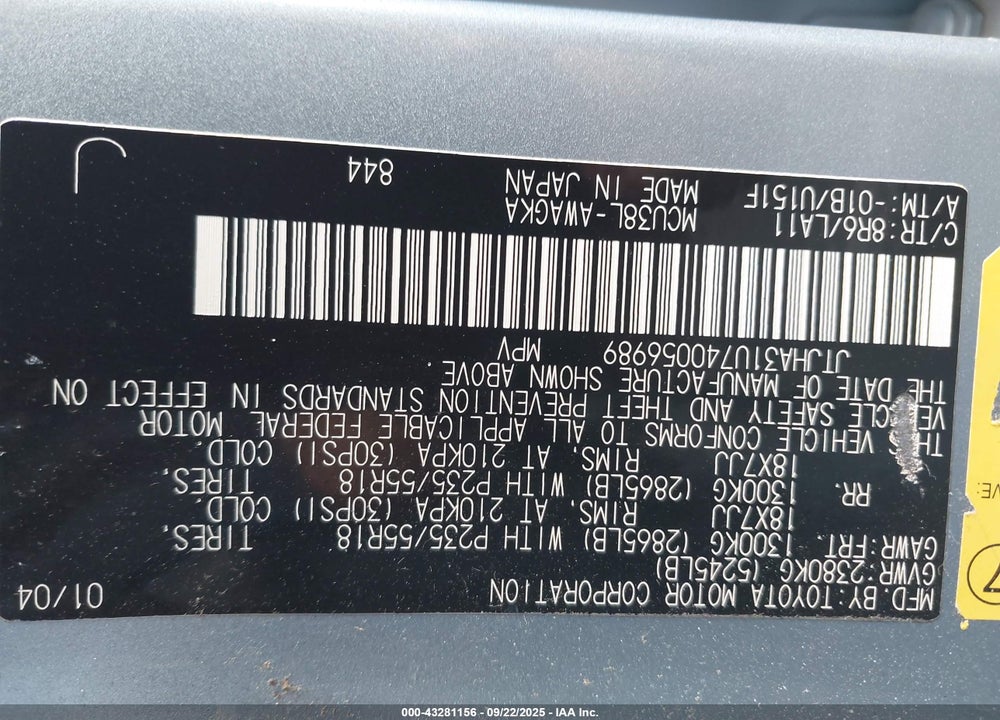 2004 LEXUS RX 330 VIN: JTJHA31U740056989