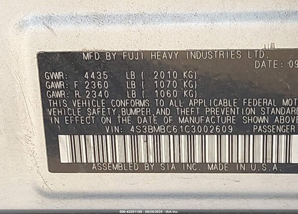 2012 SUBARU LEGACY VIN: 4S3BMBC61C3002609