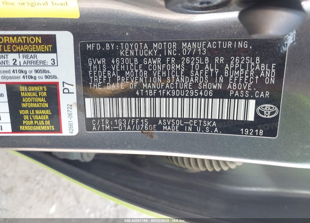 2013 TOYOTA CAMRY SE VIN: 4T1BF1FK9DU295406