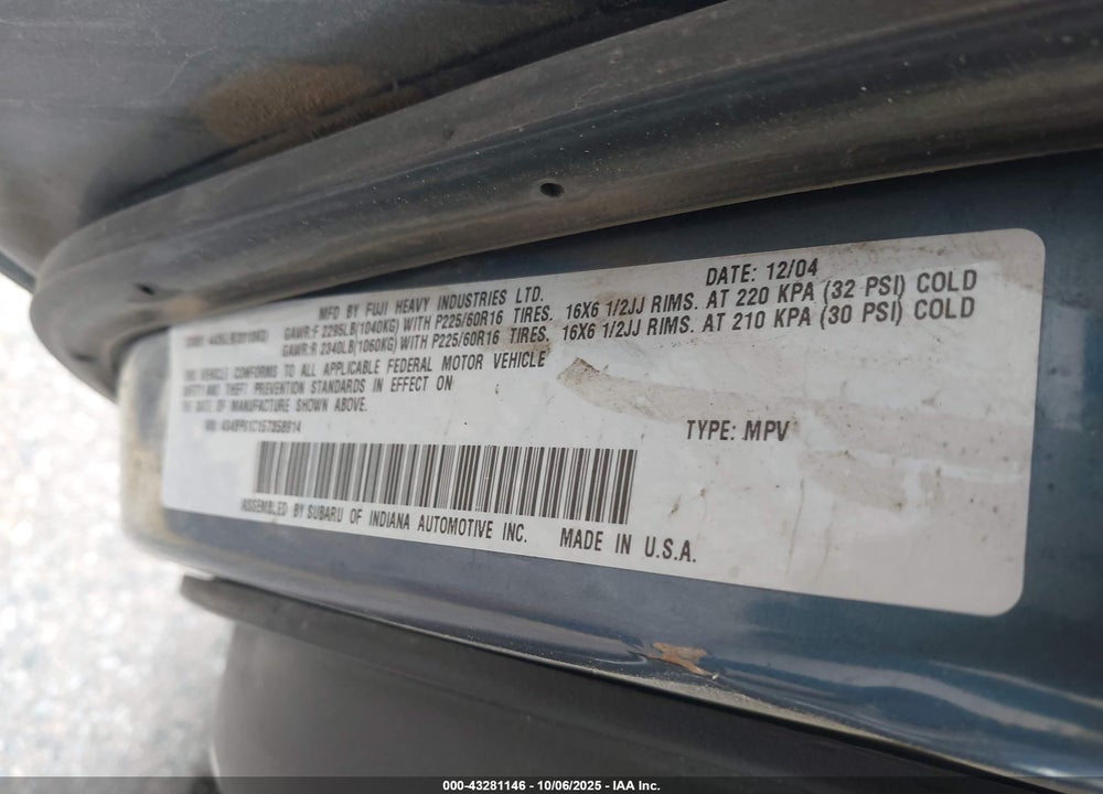 2005 SUBARU OUTBACK 2.5I VIN: 4S4BP61C157358914
