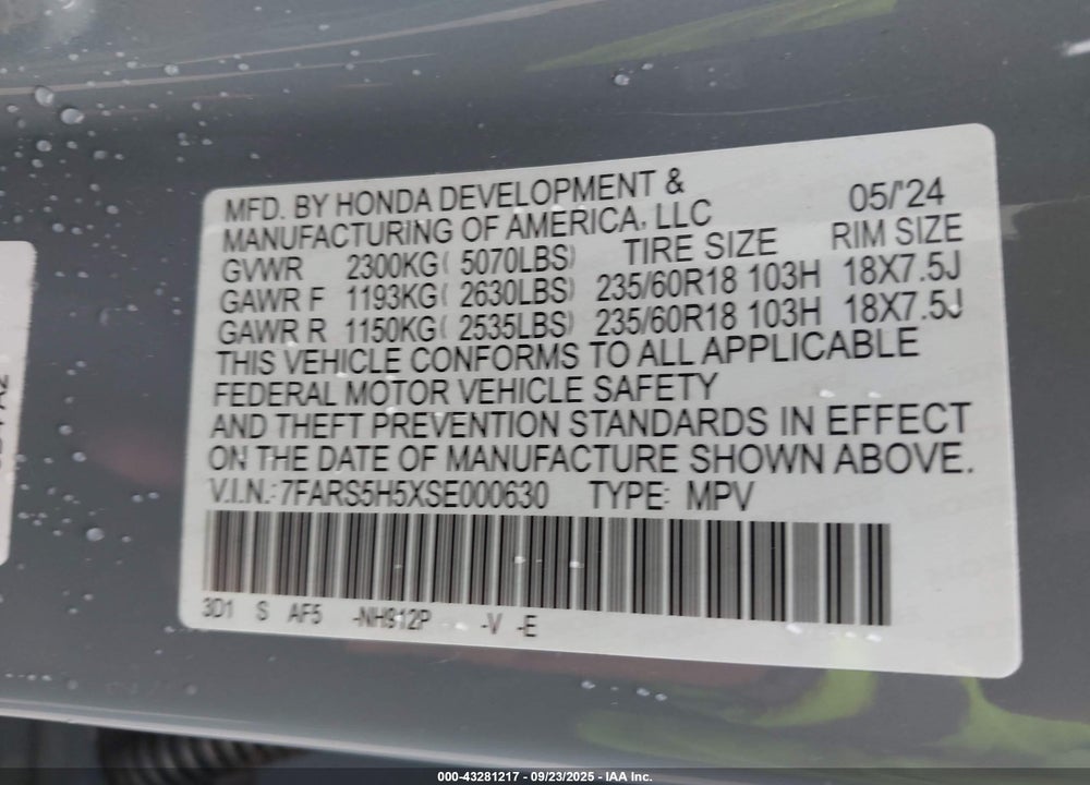 2025 HONDA CR-V HYBRID SPORT VIN: 7FARS5H5XSE000630