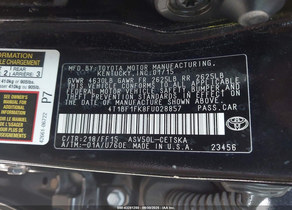 2015 TOYOTA CAMRY VIN: 4T1BF1FK8FU028857