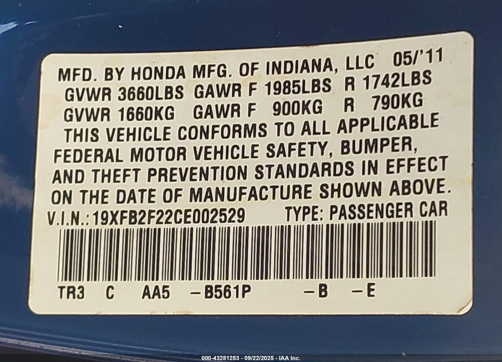 2012 HONDA CIVIC VIN: 19XFB2F22CE002529