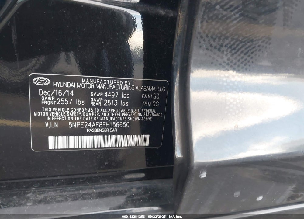 2015 HYUNDAI SONATA SE VIN: 5NPE24AF8FH156650