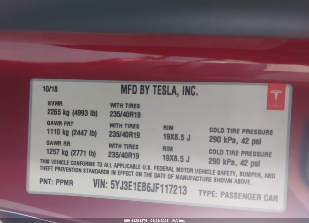 2018 TESLA MODEL 3 LONG RANGE/PERFORMANCE VIN: 5YJ3E1EB6JF117213