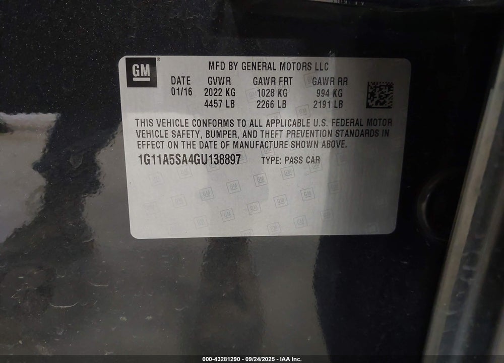 2016 CHEVROLET MALIBU LIMITED 1FL VIN: 1G11A5SA4GU138897
