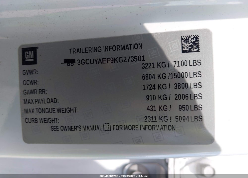 2019 CHEVROLET SILVERADO 1500 WORK TRUCK VIN: 3GCUYAEF9KG273501