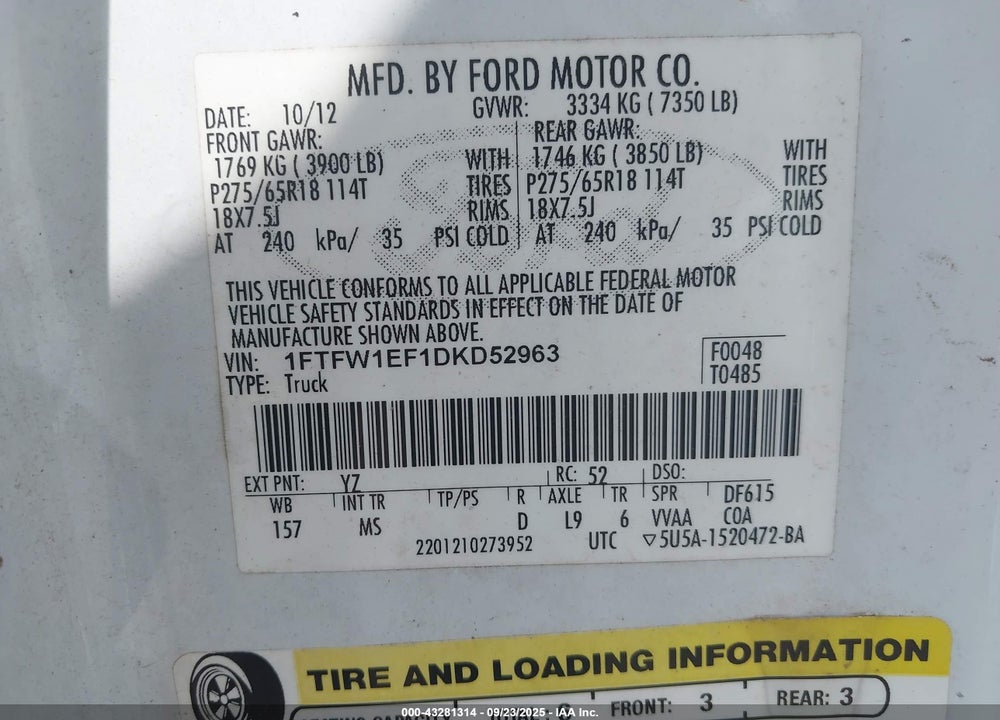 2013 FORD F-150 VIN: 1FTFW1EF1DKD52963