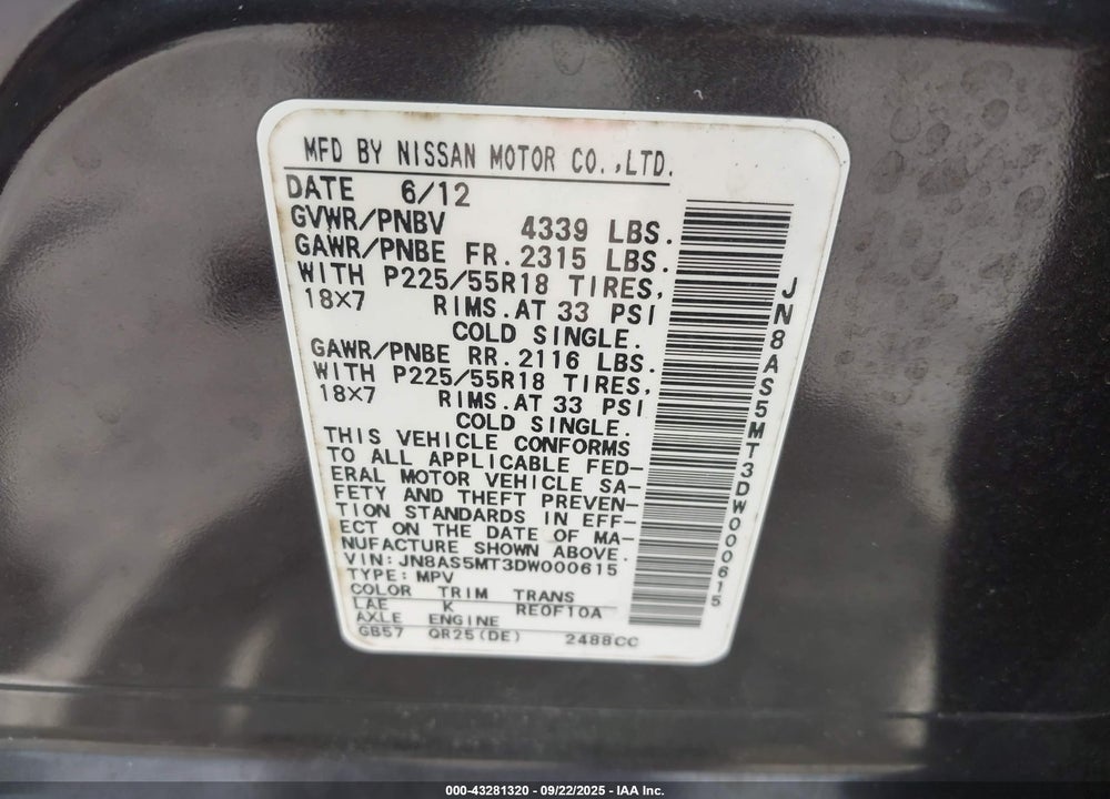 2013 NISSAN ROGUE VIN: JN8AS5MT3DW000615