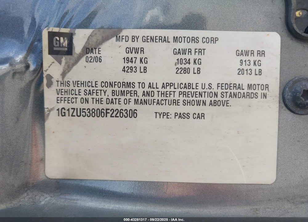 2006 CHEVROLET MALIBU LTZ VIN: 1G1ZU53806F226306