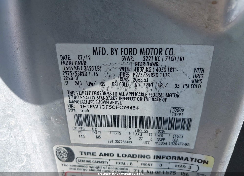 2012 FORD F-150 XLT VIN: 1FTFW1CF5CFC76464