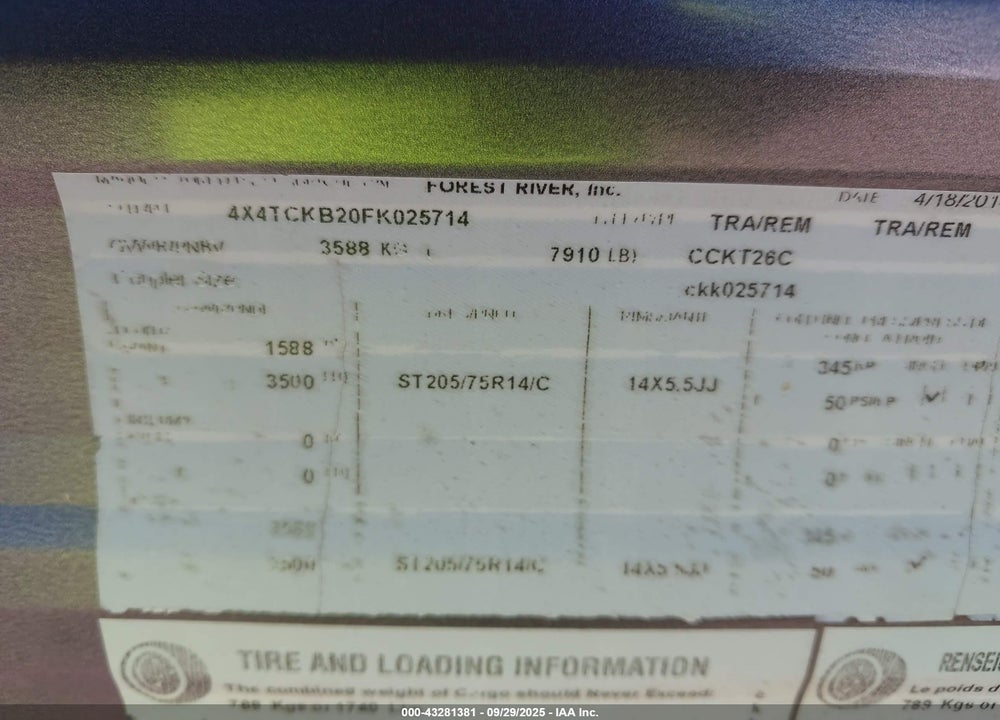2015 FOREST RIVER GREY WOLF VIN: 4X4TCKV20FK025714