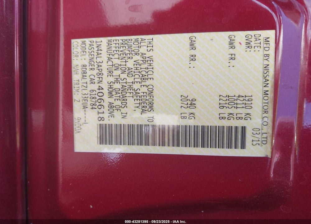 2015 NISSAN ALTIMA VIN: 1N4AL3AP8FN406618