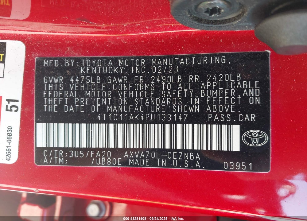 2023 TOYOTA CAMRY VIN: 4T1C11AK4PU133147