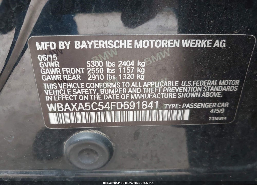 2015 BMW 5 SERIES VIN: WBAXA5C54FD691841