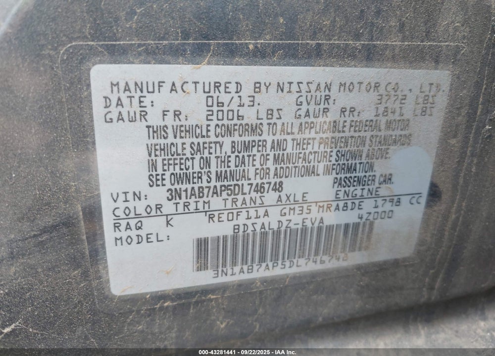 2013 NISSAN SENTRA SV VIN: 3N1AB7AP5DL746748