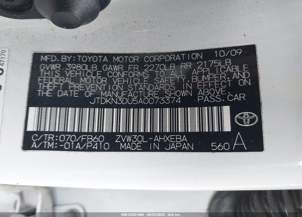 2010 TOYOTA PRIUS VIN: JTDKN3DU5A0073374