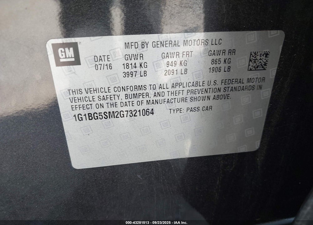 2016 CHEVROLET CRUZE VIN: 1G1BG5SM2G7321064